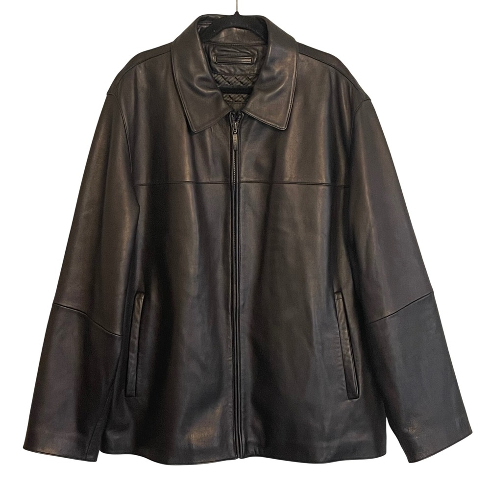 Claiborne Black Lambskin Leather Jacket Mens XXL Full Zip Quilted Lined Bomber